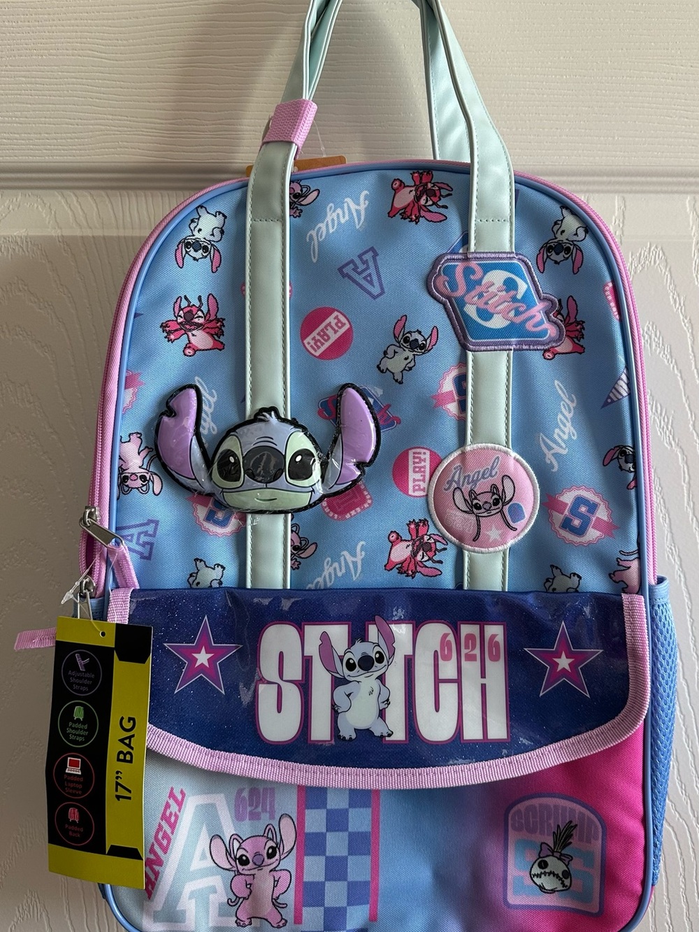 Disney Lilo & Stitch Backpack 17” Kids  blue Pink padded laptop sleeve new